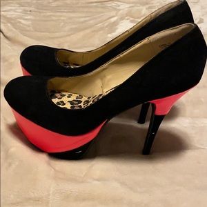 Black and Pink Suede Platform Heels